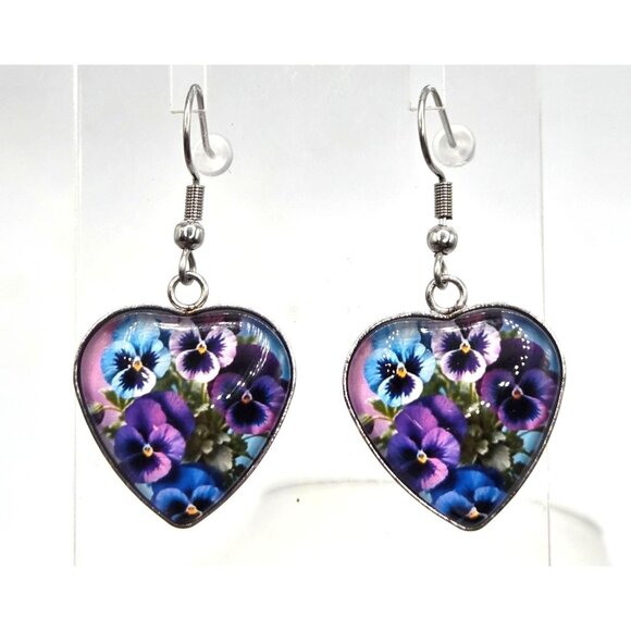 Jewelry - Heart-Shaped Pansy Flower Earrings Silver Tone Dangle
